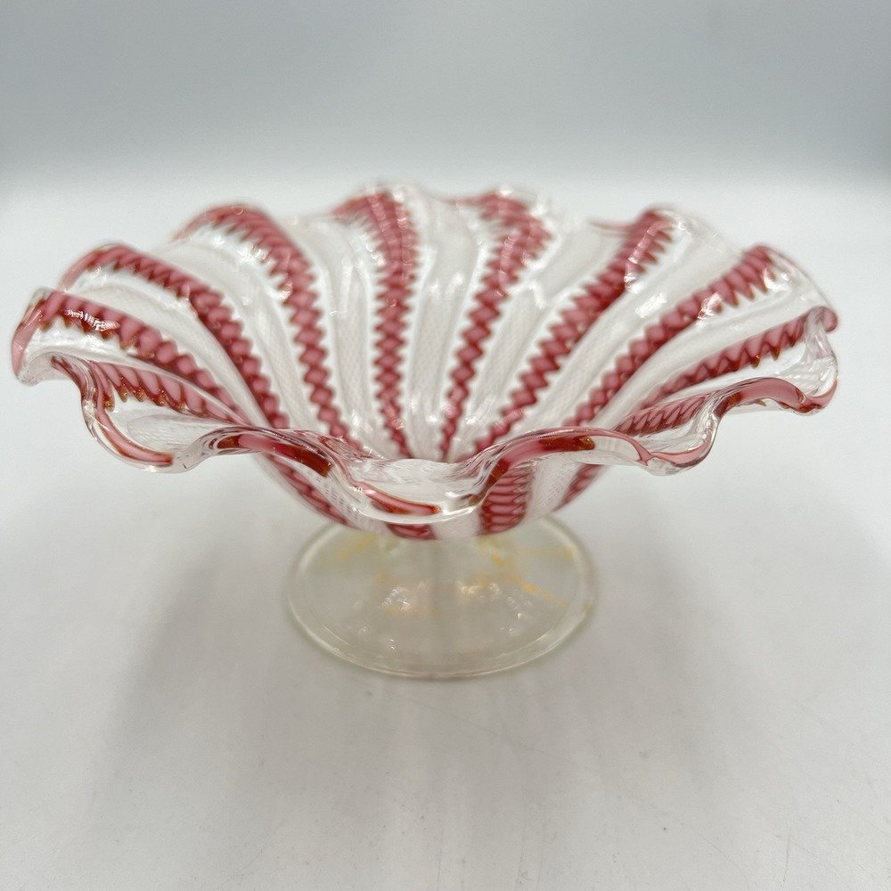 Murano‎ Latticino Zanfirico Compote Bowl Rose Amethyst Aventurine Italy Glass